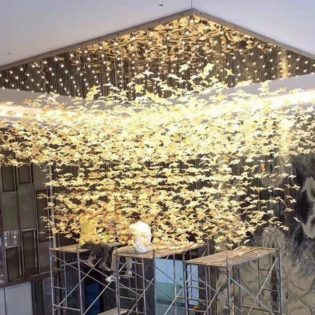 Glass Maple Leaf Hanging Light for Staircase large ceiling installation with dense illuminated glass leaves