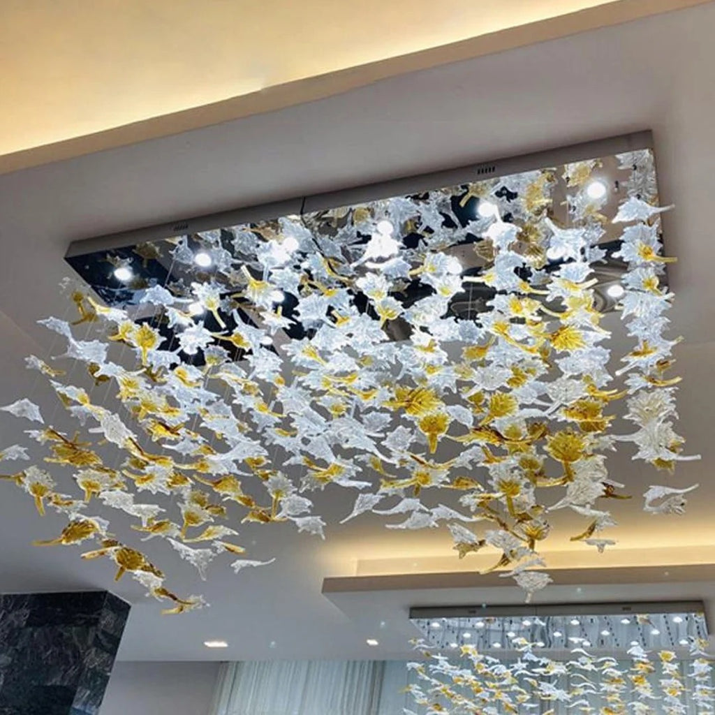 Glass Maple Leaf Hanging Light for Staircase with rectangular ceiling canopy and dense glass maple leaves