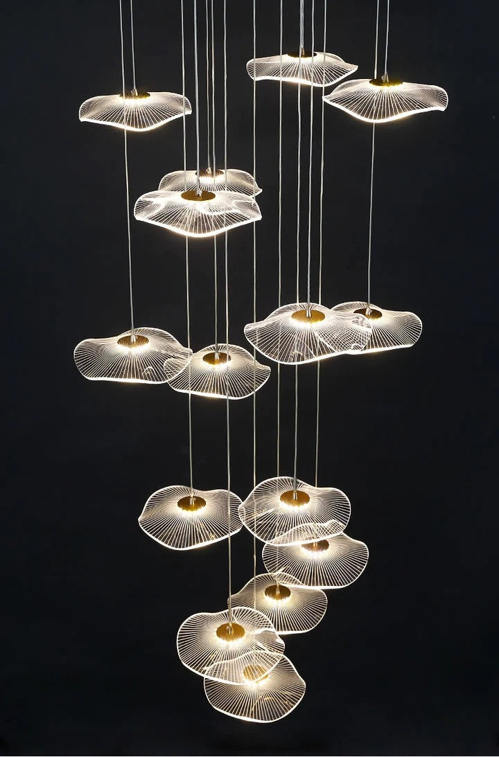 Gold Acrylic Flower Led Chandelier For Stairwell, Staircase shown as a spiral cascade of acrylic flower LED pendants on a black background