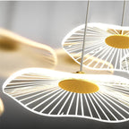 Gold Acrylic Flower Led Chandelier For Stairwell, Staircase close-up of illuminated acrylic flower shades with gold centers