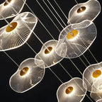 Gold Acrylic Flower Led Chandelier For Stairwell, Staircase close-up showing translucent flower shades and gold center details