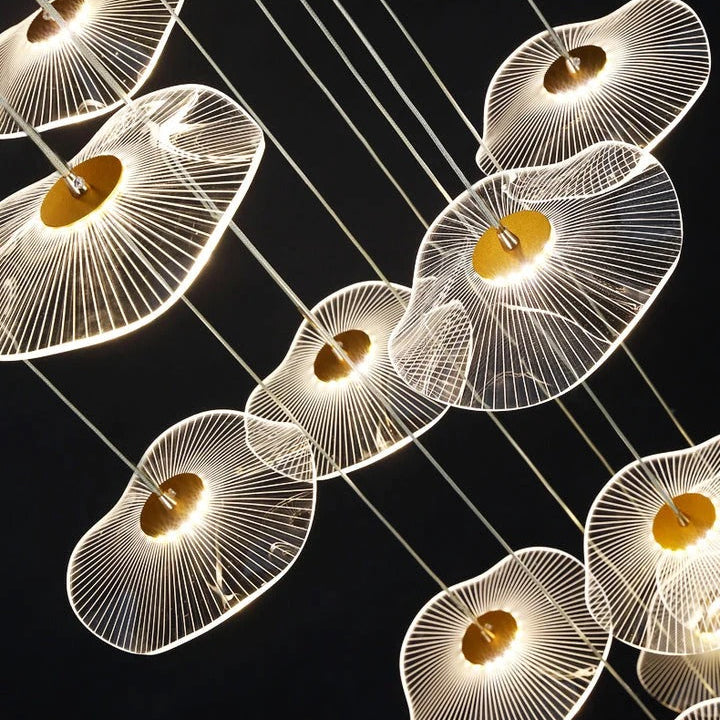 Gold Acrylic Flower Led Chandelier For Stairwell, Staircase close-up showing translucent flower shades and gold center details