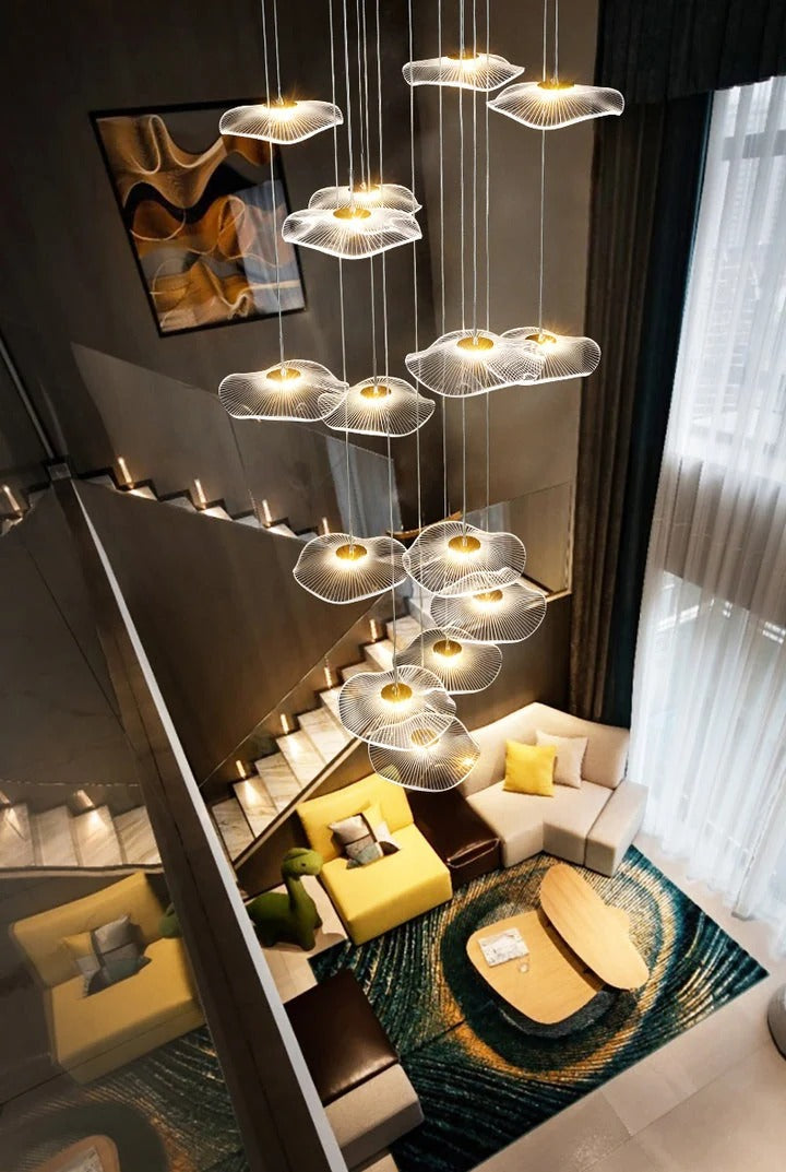 Gold Acrylic Flower Led Chandelier For Stairwell, Staircase installed above a living room and stairwell with warm LED flower pendants