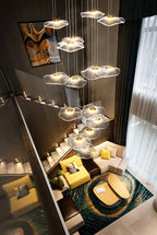 Gold Acrylic Flower Led Chandelier For Stairwell, Staircase installed above a living room and stairwell with warm LED flower pendants