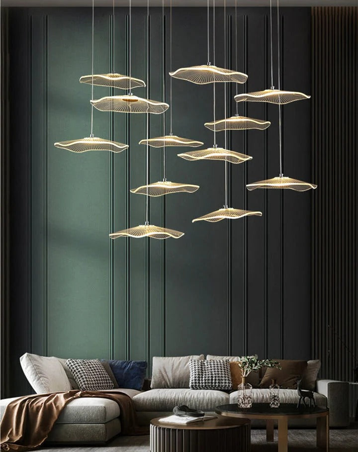 Gold Acrylic Flower Led Chandelier For Stairwell, Staircase displayed in a modern living room with layered acrylic flower pendants