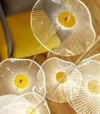 Gold Acrylic Flower Led Chandelier For Stairwell, Staircase warm close-up of layered acrylic flower shades and gold LED centers