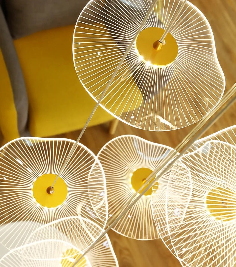 Gold Acrylic Flower Led Chandelier For Stairwell, Staircase warm close-up of layered acrylic flower shades and gold LED centers