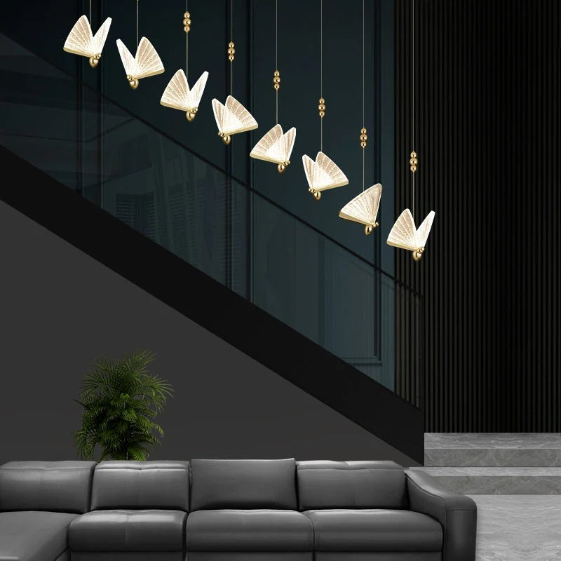 Gold Butterfly Led Chandelier ceiling canopy and hanging wire detail for staircase lighting