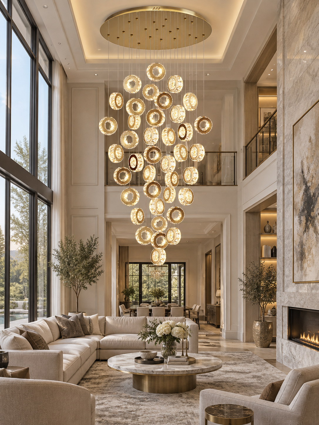 Ring Crystal Spiral Chandelier for Staircase Foyer chandelier in a tall interior