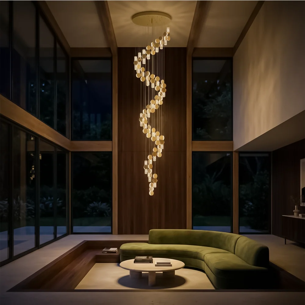 Gold dimmable high ceiling crystal chandelier ceiling view