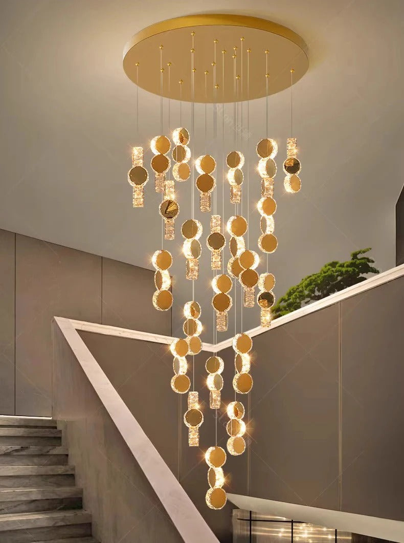 Gold dimmable high ceiling crystal chandelier for foyer lighting