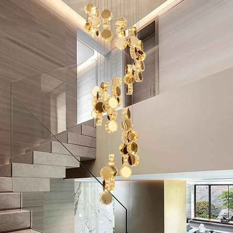 Gold dimmable high ceiling crystal chandelier hanging detail
