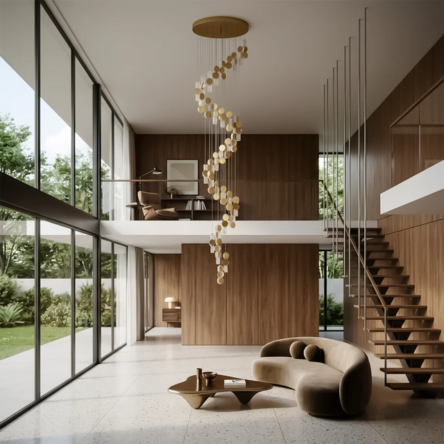 Gold dimmable high ceiling crystal chandelier lifestyle view