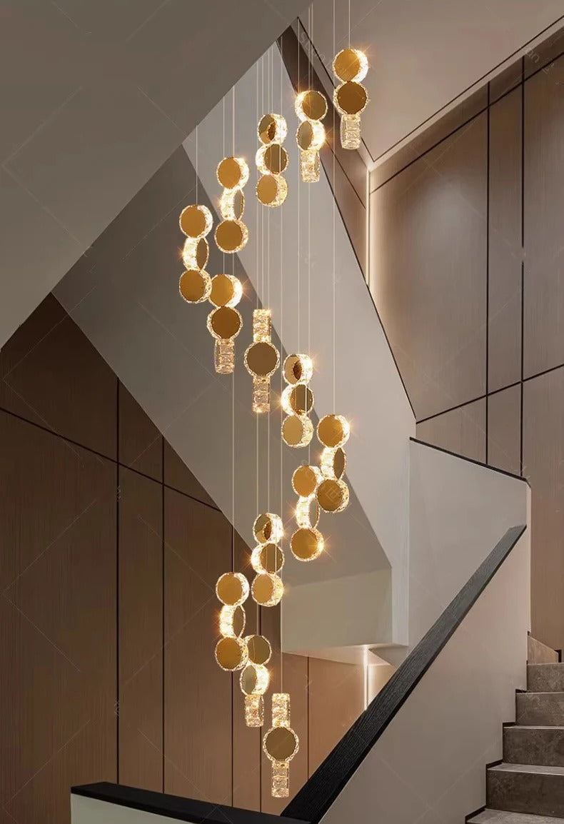 Gold dimmable high ceiling crystal chandelier in living room