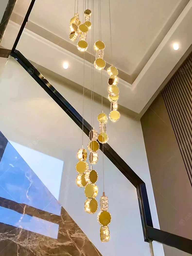Gold dimmable high ceiling crystal chandelier round light detail