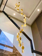 Gold dimmable high ceiling crystal chandelier round light detail