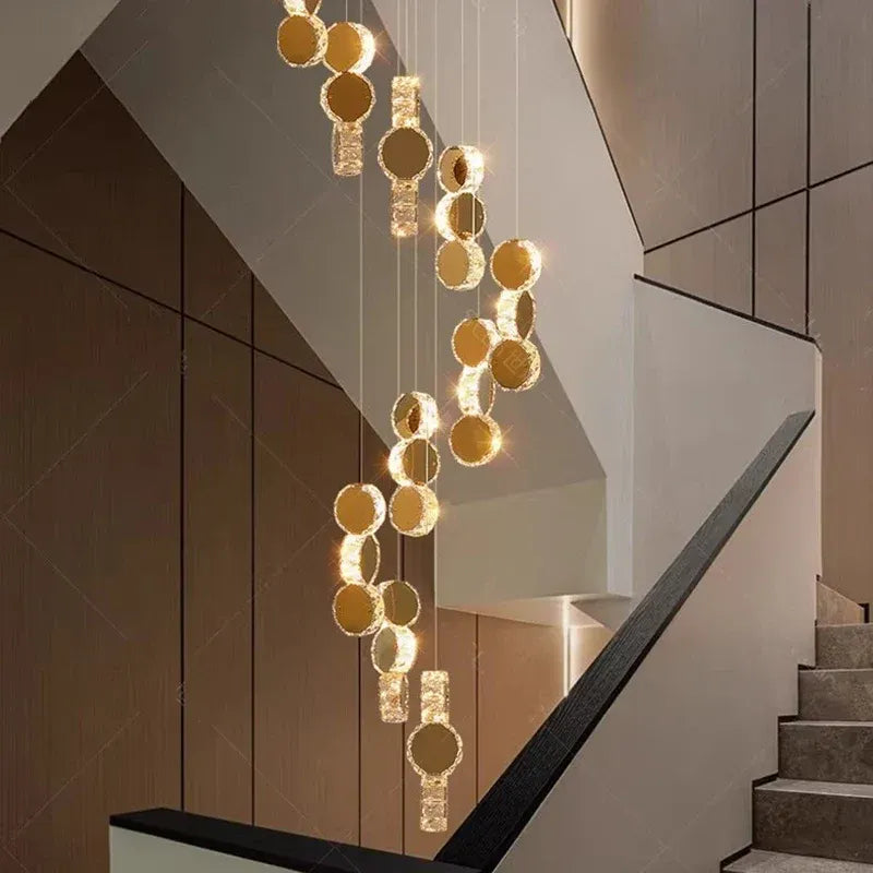 Gold dimmable high ceiling crystal chandelier warm light detail