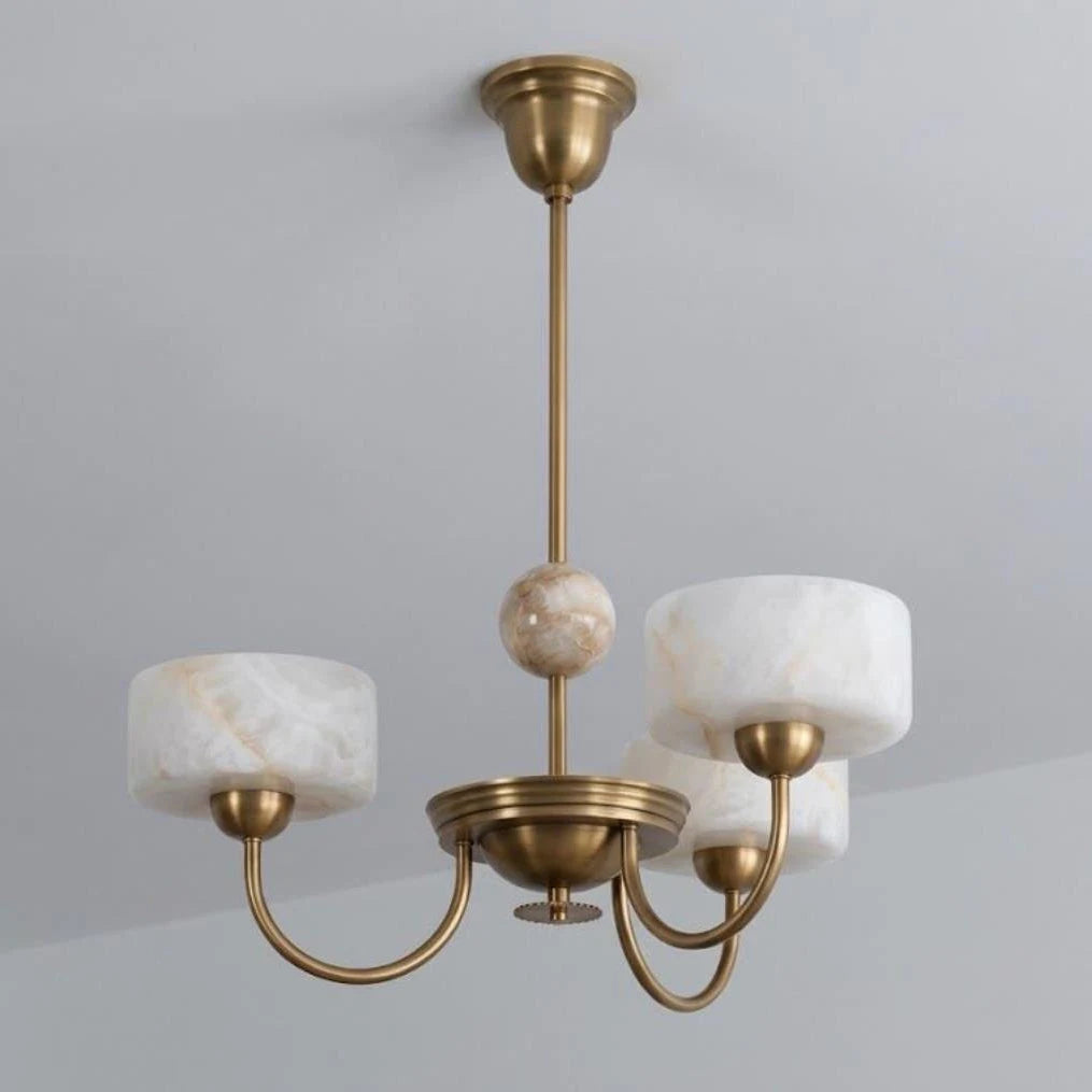 Grevola Alabaster Candelabra Chandelier — 3 Heads W 55cm x H 20.5cm / W 21.6″ x H 8″ / Brass & White
