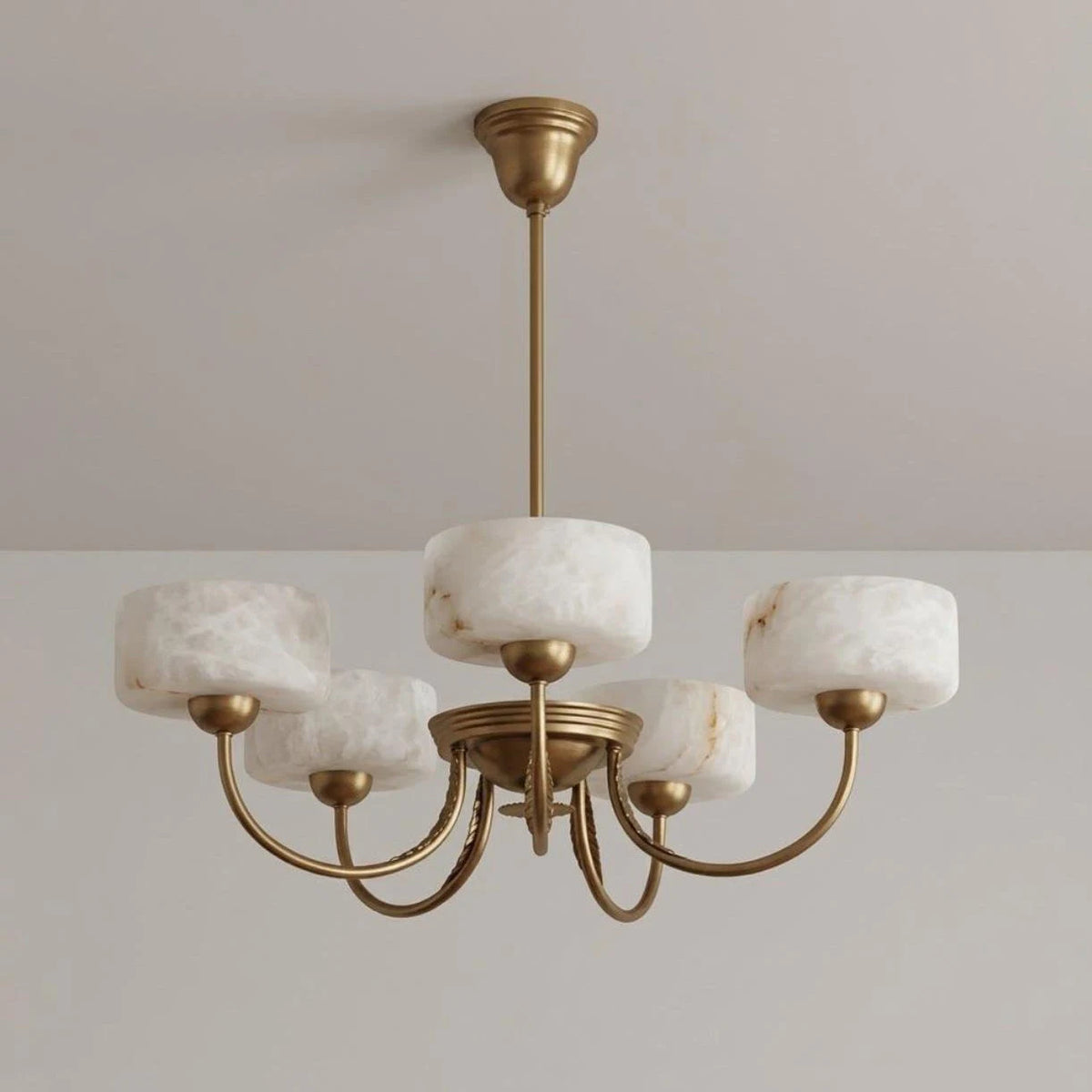 Grevola Alabaster Candelabra Chandelier — 5 Heads W 70cm x H 22cm / W 27.5″ x H 8.6″ / Brass & White