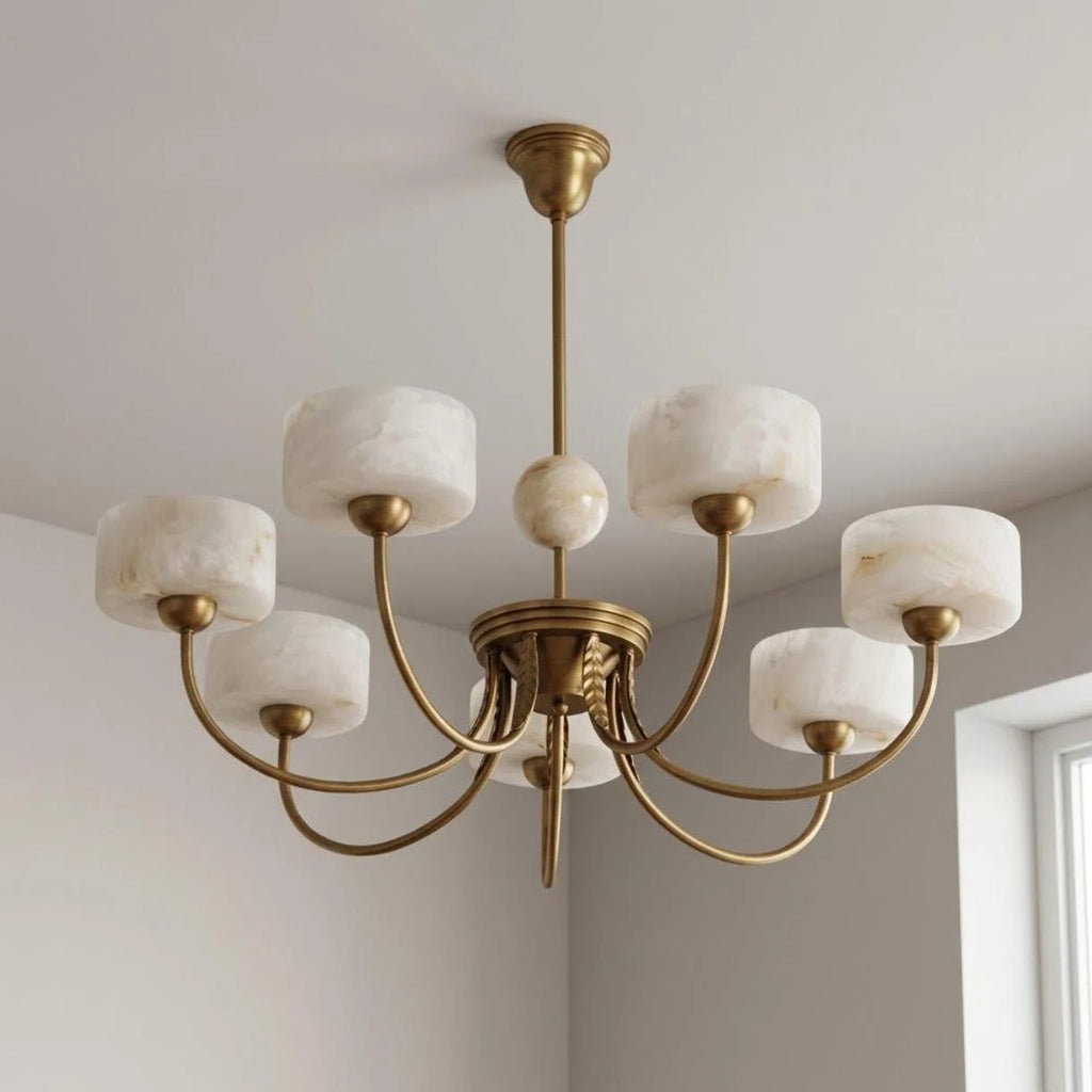 Grevola Alabaster Candelabra Chandelier — 7 Heads W 92cm x H 39cm / W 36.2″ x H 15.4″ / Brass & White