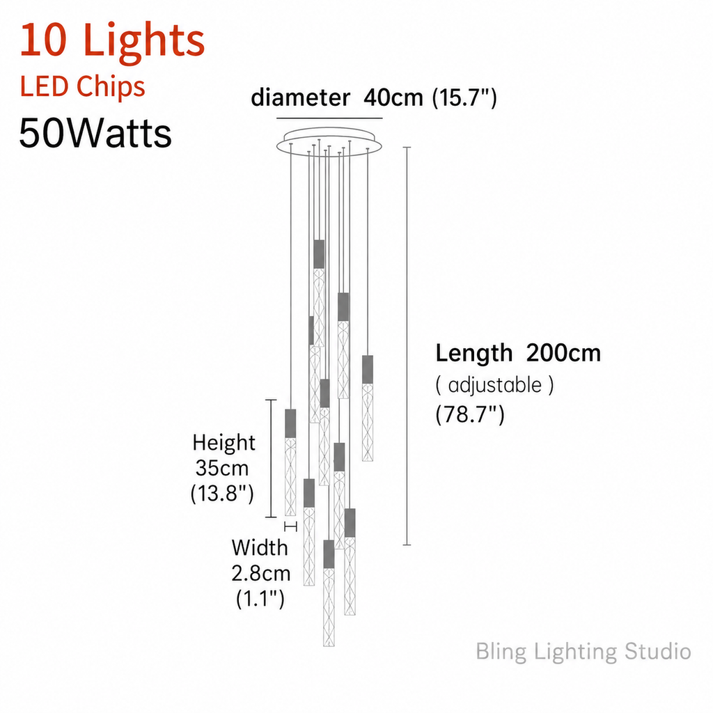 Hanging light fixture for stairwell 10 lights size chart with 40 cm canopy and 200 cm adjustable wire