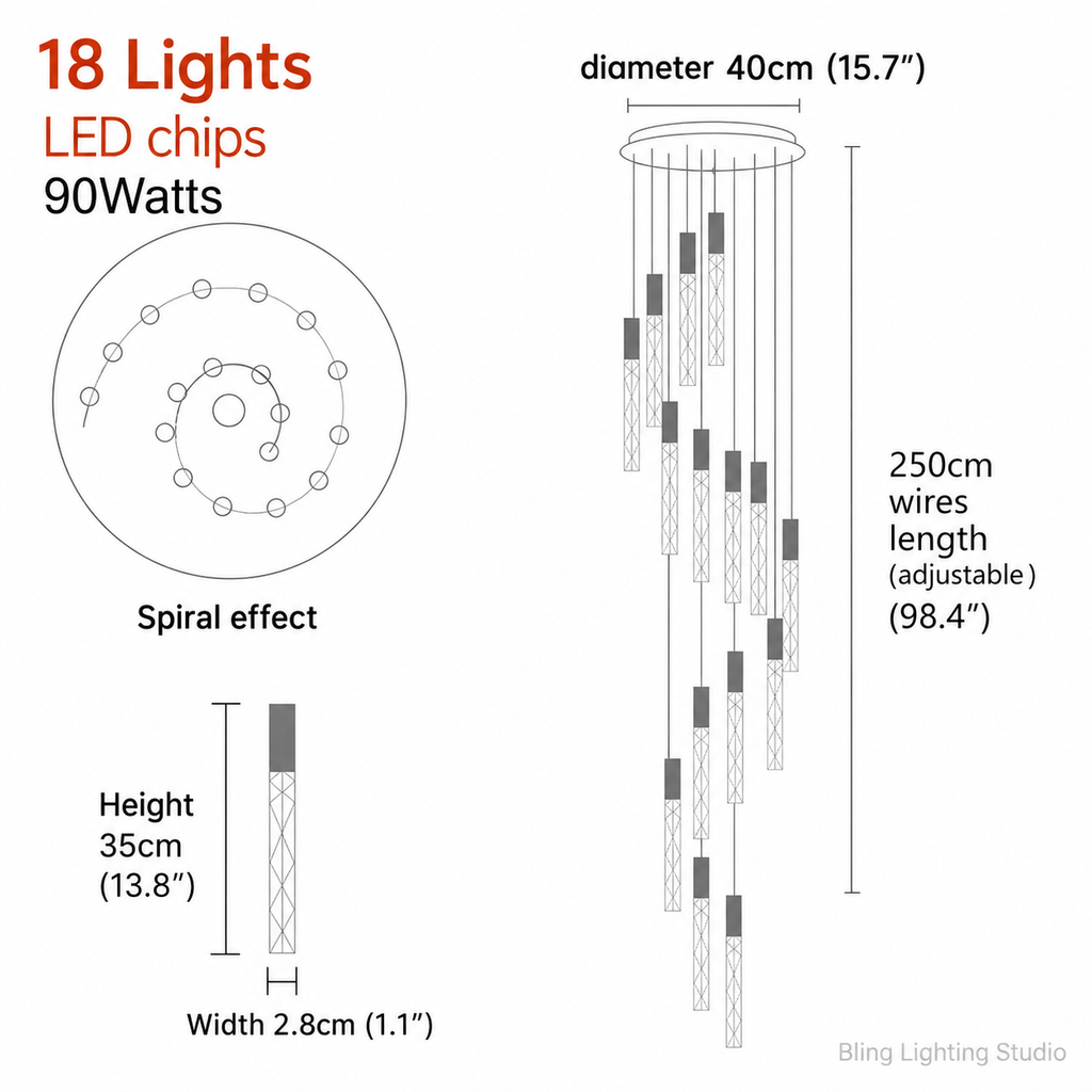 Hanging light fixture for stairwell 18 lights spiral layout size chart with 250 cm adjustable wire