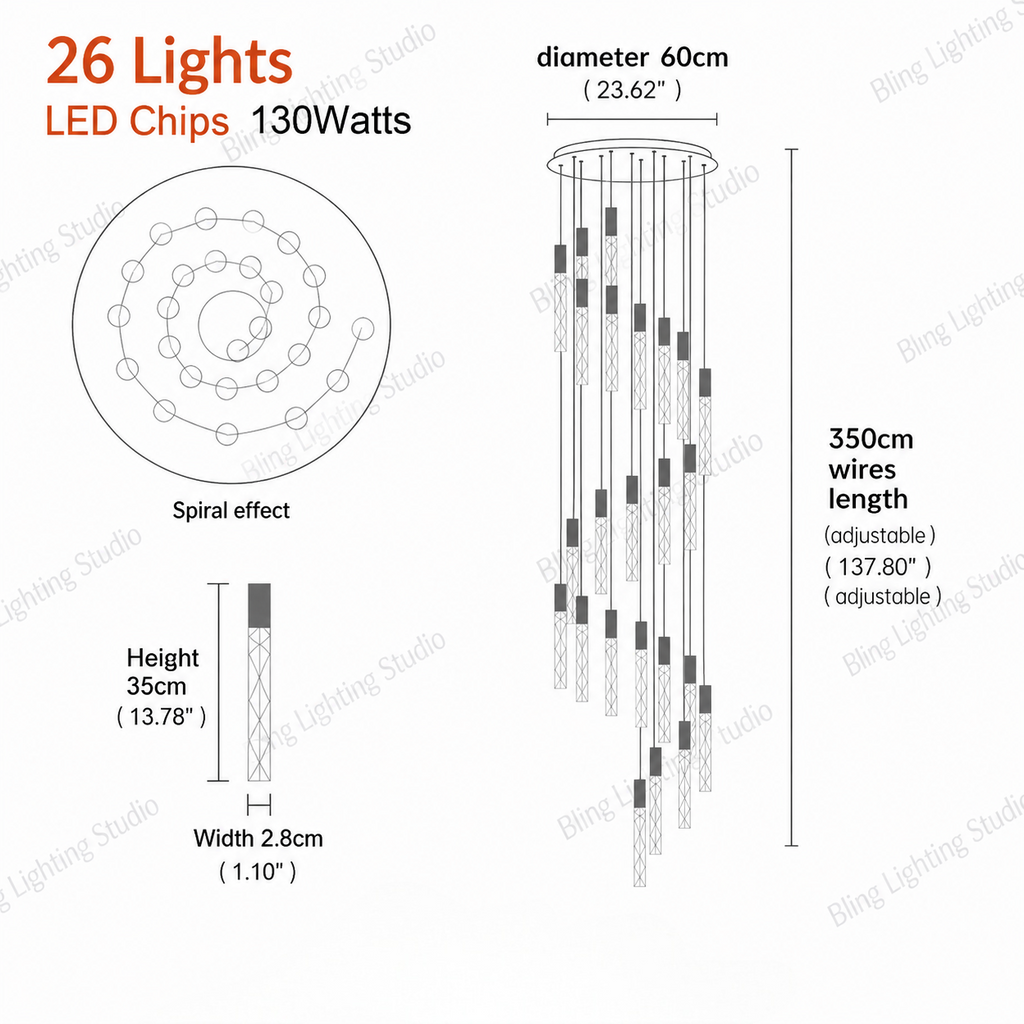 Hanging light fixture for stairwell 26 lights spiral layout size chart with 60 cm canopy and 350 cm adjustable wire