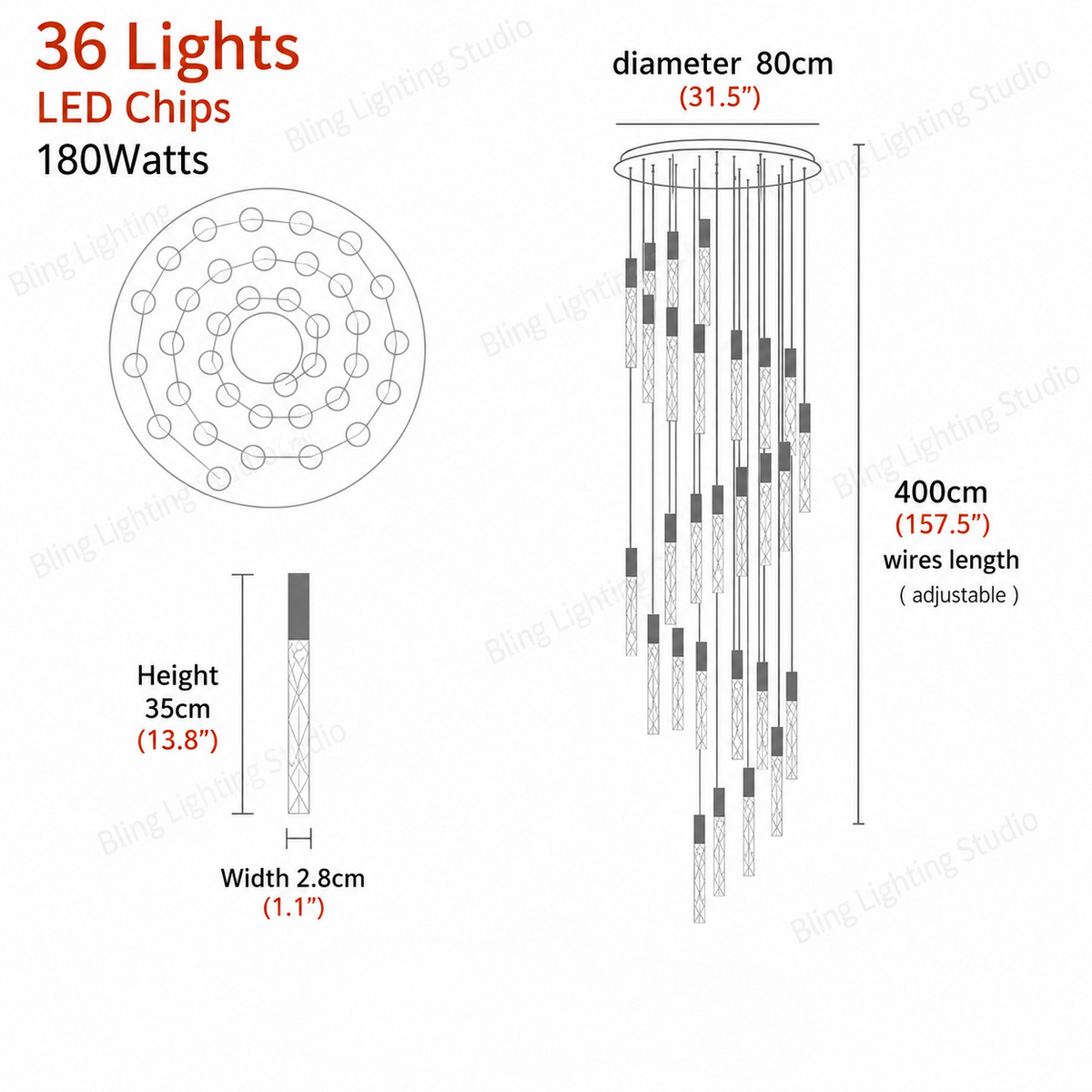 Hanging light fixture for stairwell 36 lights spiral layout size chart with 80 cm canopy and 400 cm adjustable wire
