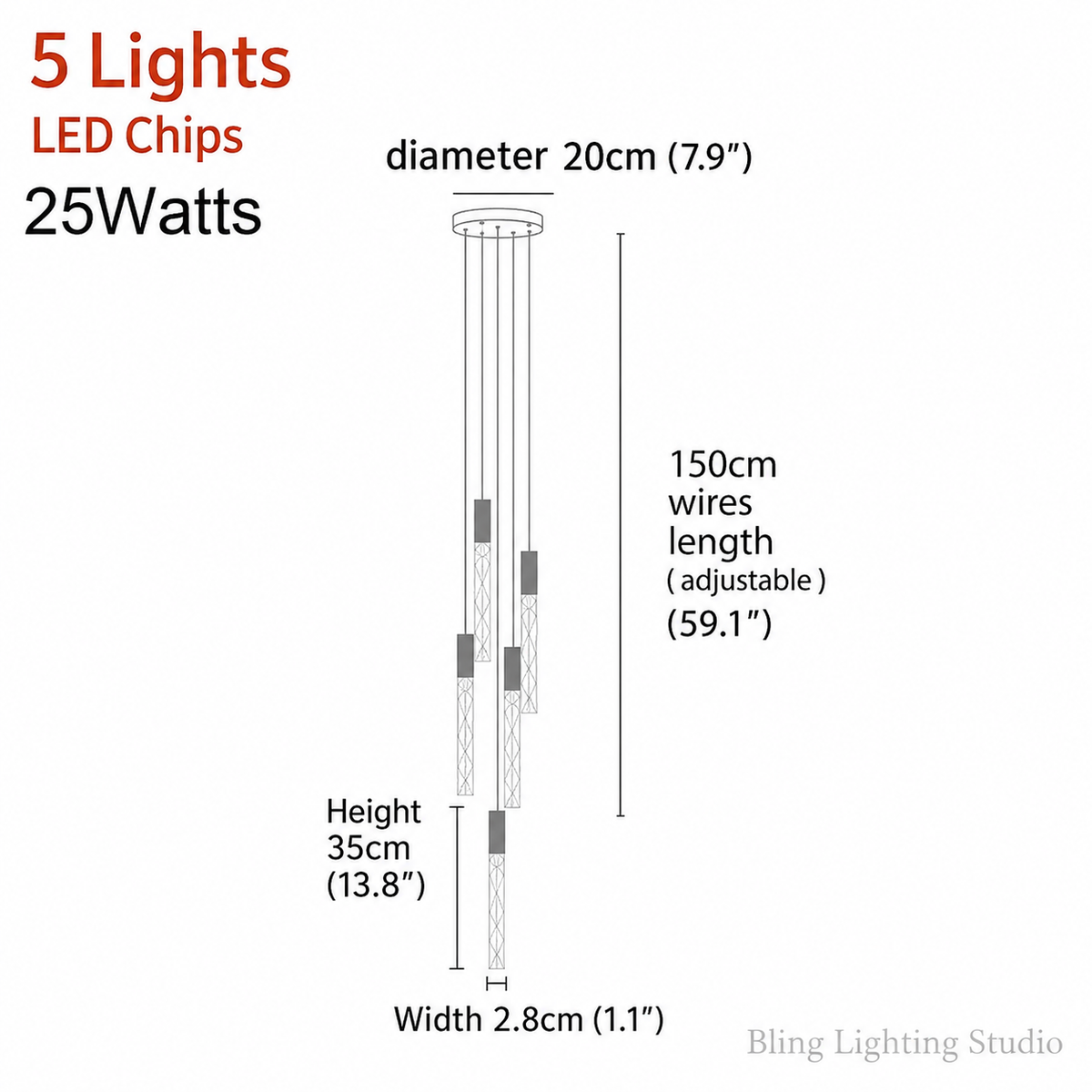 Hanging light fixture for stairwell 5 lights size chart with 20 cm canopy and 150 cm adjustable wire