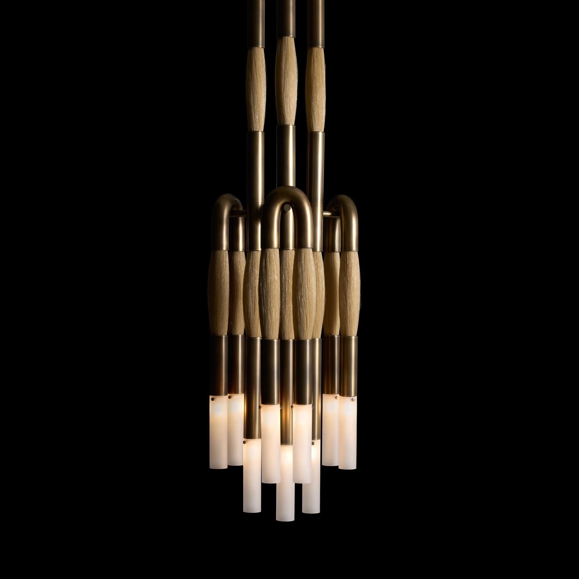 Horsehair 9-Light Pendant in aged brass with natural horsehair