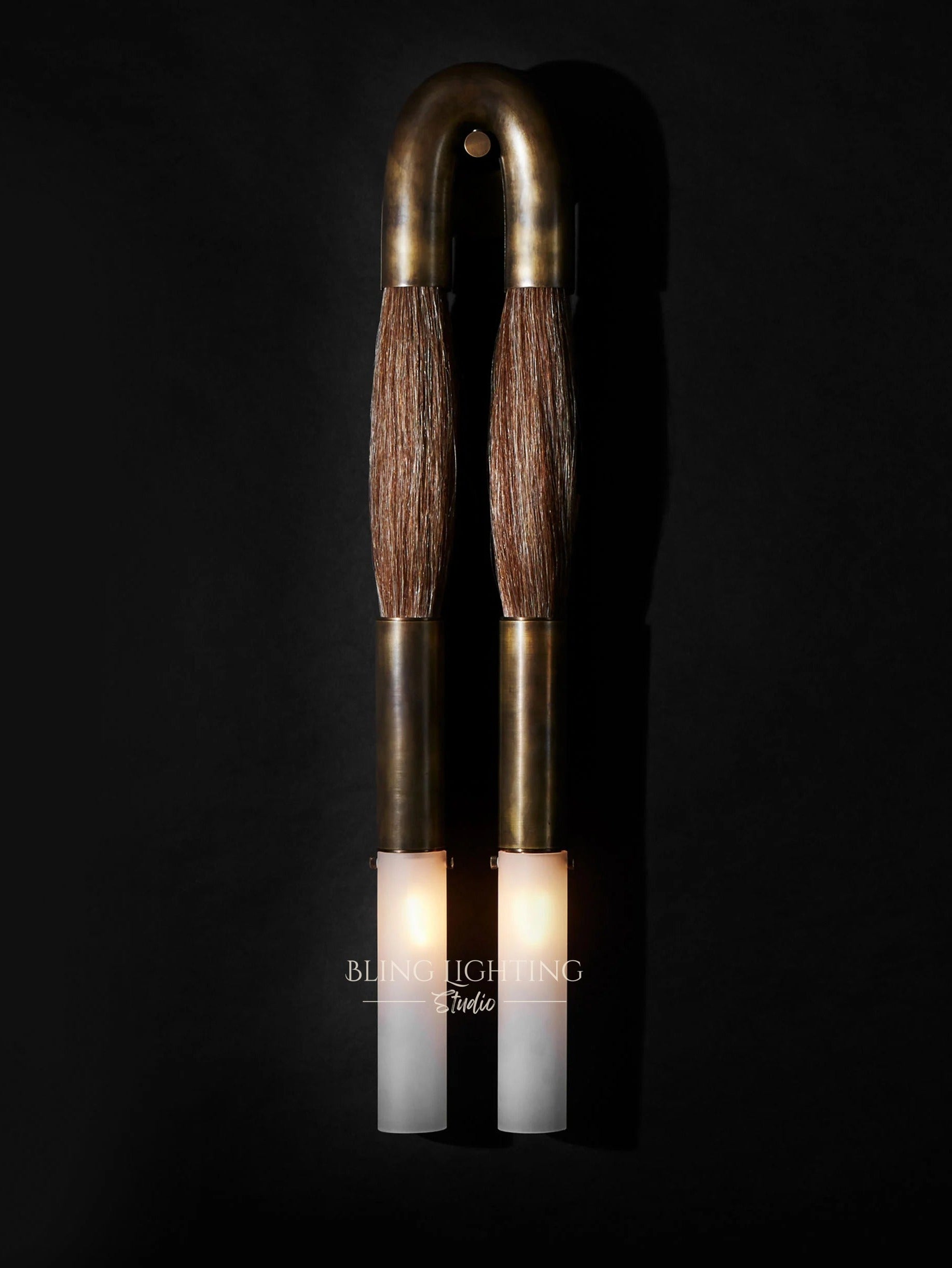 Horsehair Sconce Solid Brass 30''H in Aged Brass with Flaxen horsehair