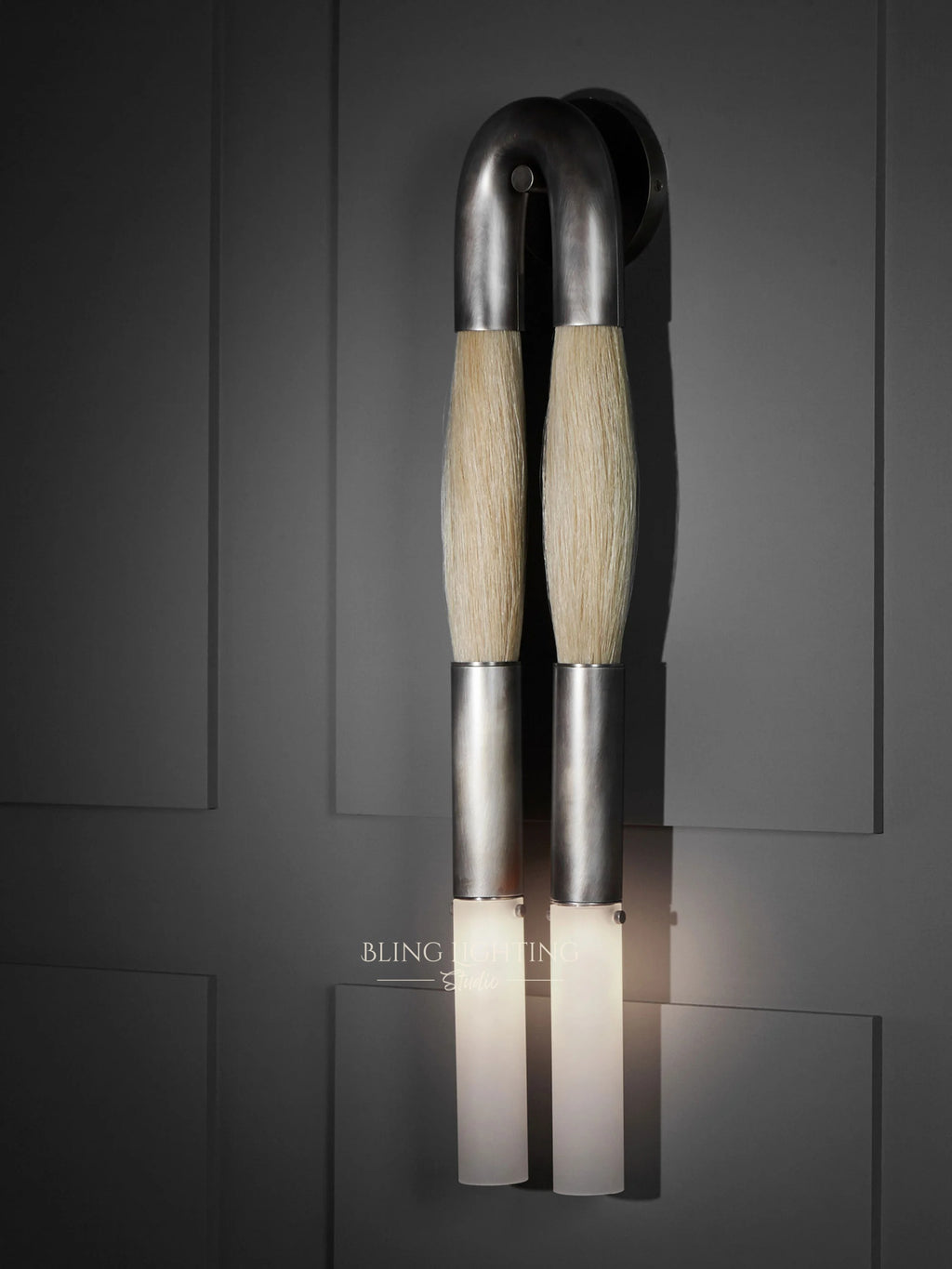 Horsehair Sconce Solid Brass 30''H in Tarnished Silver with Palomino horsehair