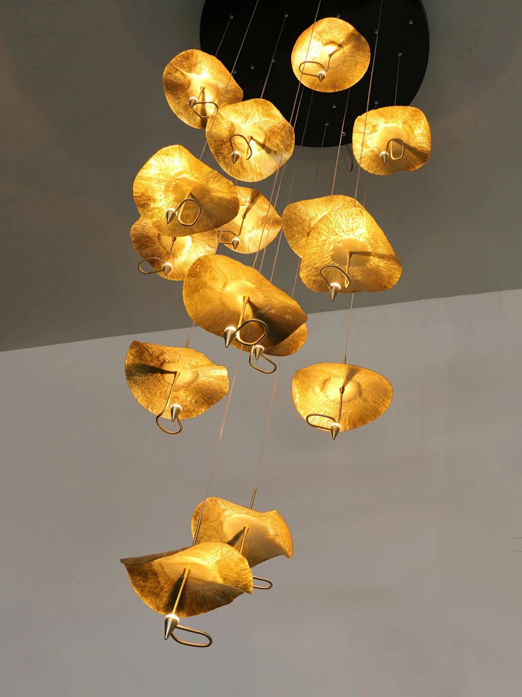 Jenissa Vintage Staircase Chandelier with gold lotus leaf shades clustered under a round canopy
