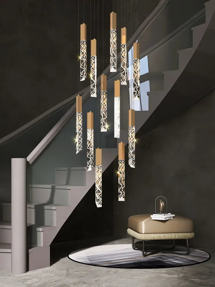 Large gold crystal rod chandelier for high ceiling staircase and entryway