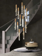 Large gold crystal rod chandelier for high ceiling staircase and entryway