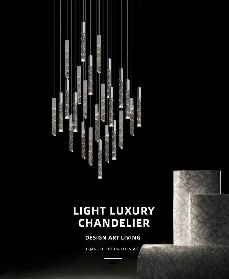 Modern multi light crystal rod chandelier on black background