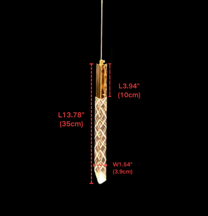Single K9 crystal rod pendant dimensions showing 13.78 inch crystal and 3.94 inch metal cap
