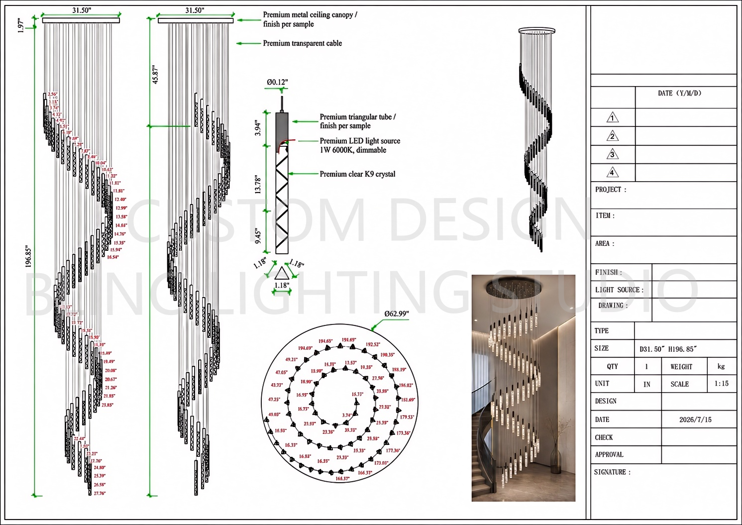 Large crystal chandelier technical drawing with D31.50 inch canopy and H196.85 inch drop