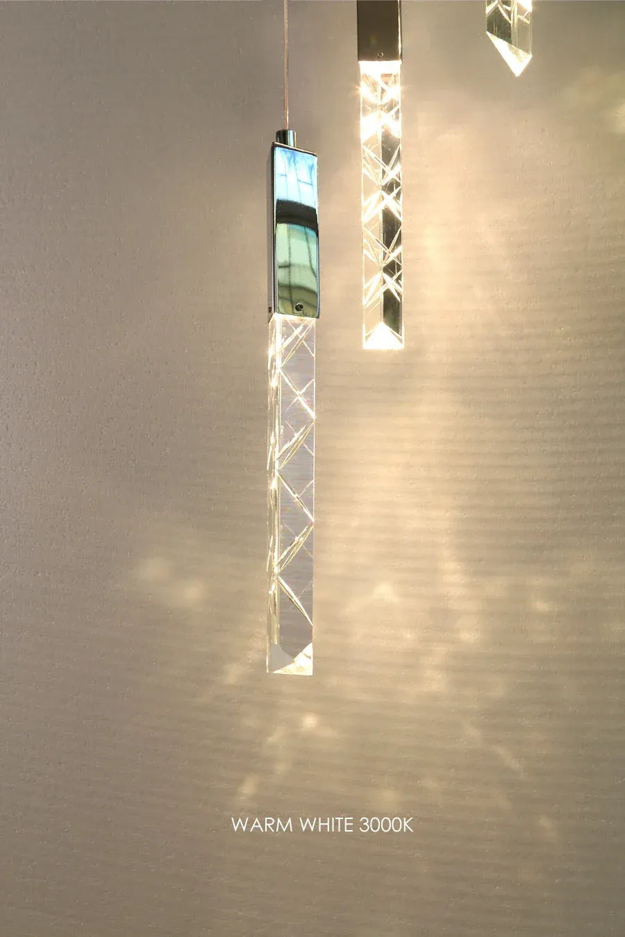 Warm white 3000K crystal rod pendant detail with chrome finish