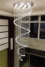 Large Foyer Lighting For High Ceiling and Entryway installed in a balcony stairwell with cascading crystals