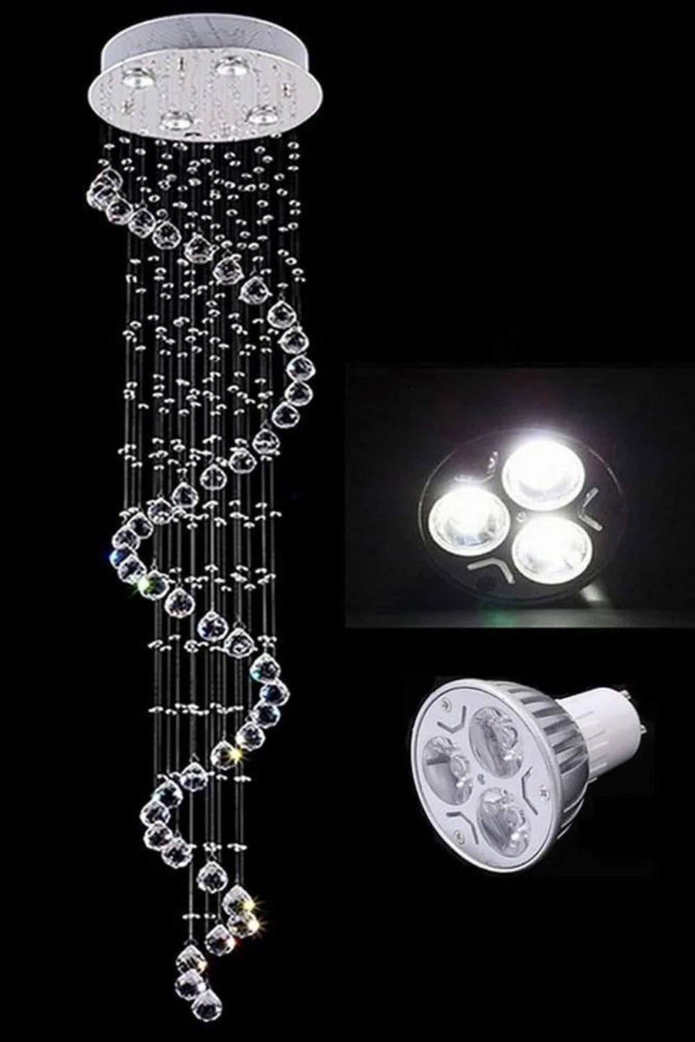 Large Foyer Lighting For High Ceiling and Entryway product view with spiral crystals and LED bulb detail