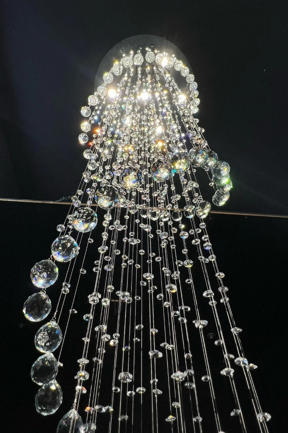 Detailed view of Large Foyer Lighting raindrop crystal chandelier crystal drops and lit canopy