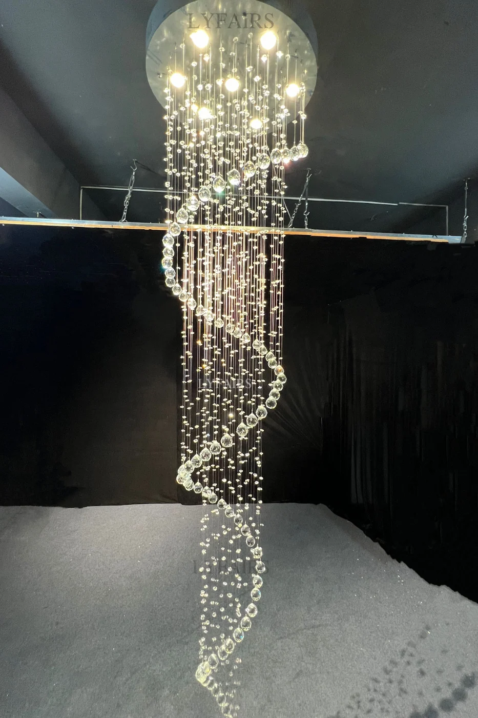 Full spiral view of Large Foyer Lighting raindrop crystal chandelier with cascading crystal strands
