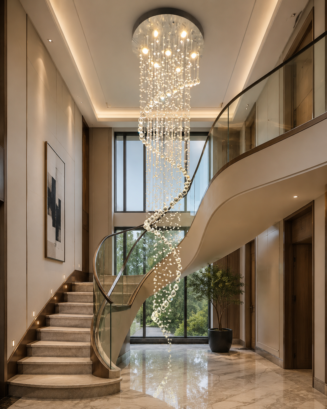 Large Foyer Lighting spiral raindrop crystal chandelier in a modern high ceiling living room