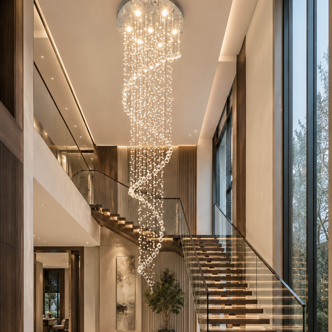 Large Foyer Lighting spiral raindrop crystal chandelier installed above a staircase entryway