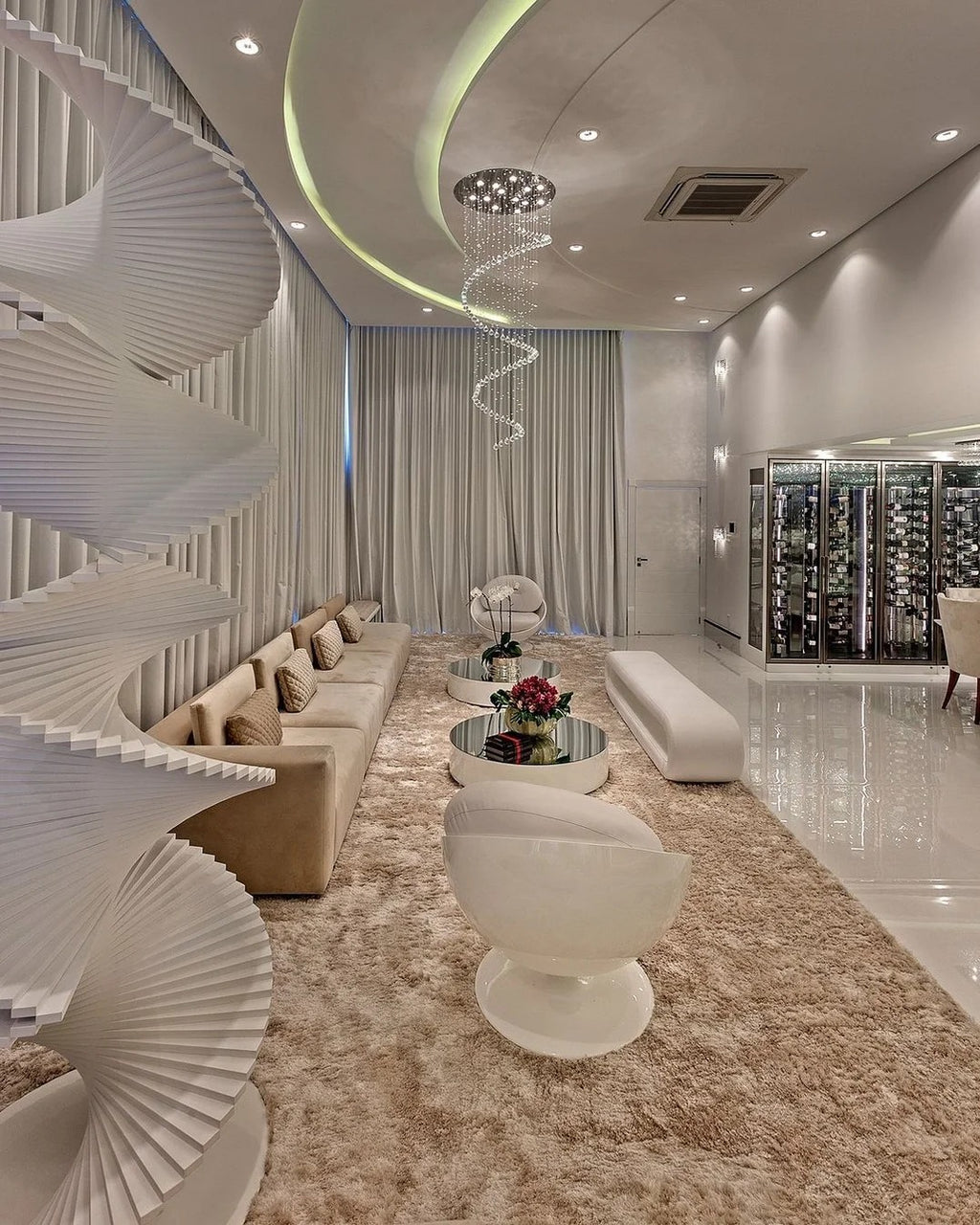 Large Foyer Lighting spiral raindrop crystal chandelier above a white spiral stair lounge