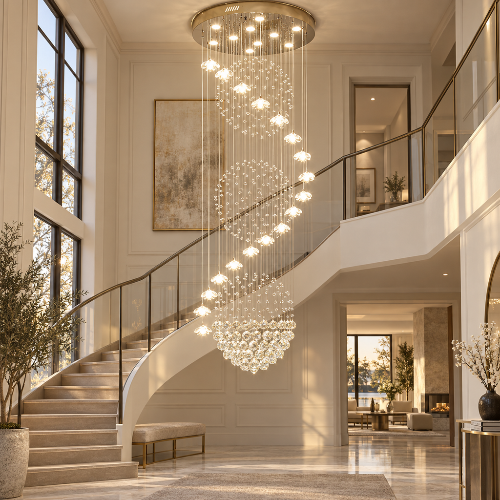 Lonas Large Foyer Crystal Chandelier with cascading crystal drops installed beside a curved staircase