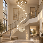 Lonas Large Foyer Crystal Chandelier with cascading crystal drops installed beside a curved staircase