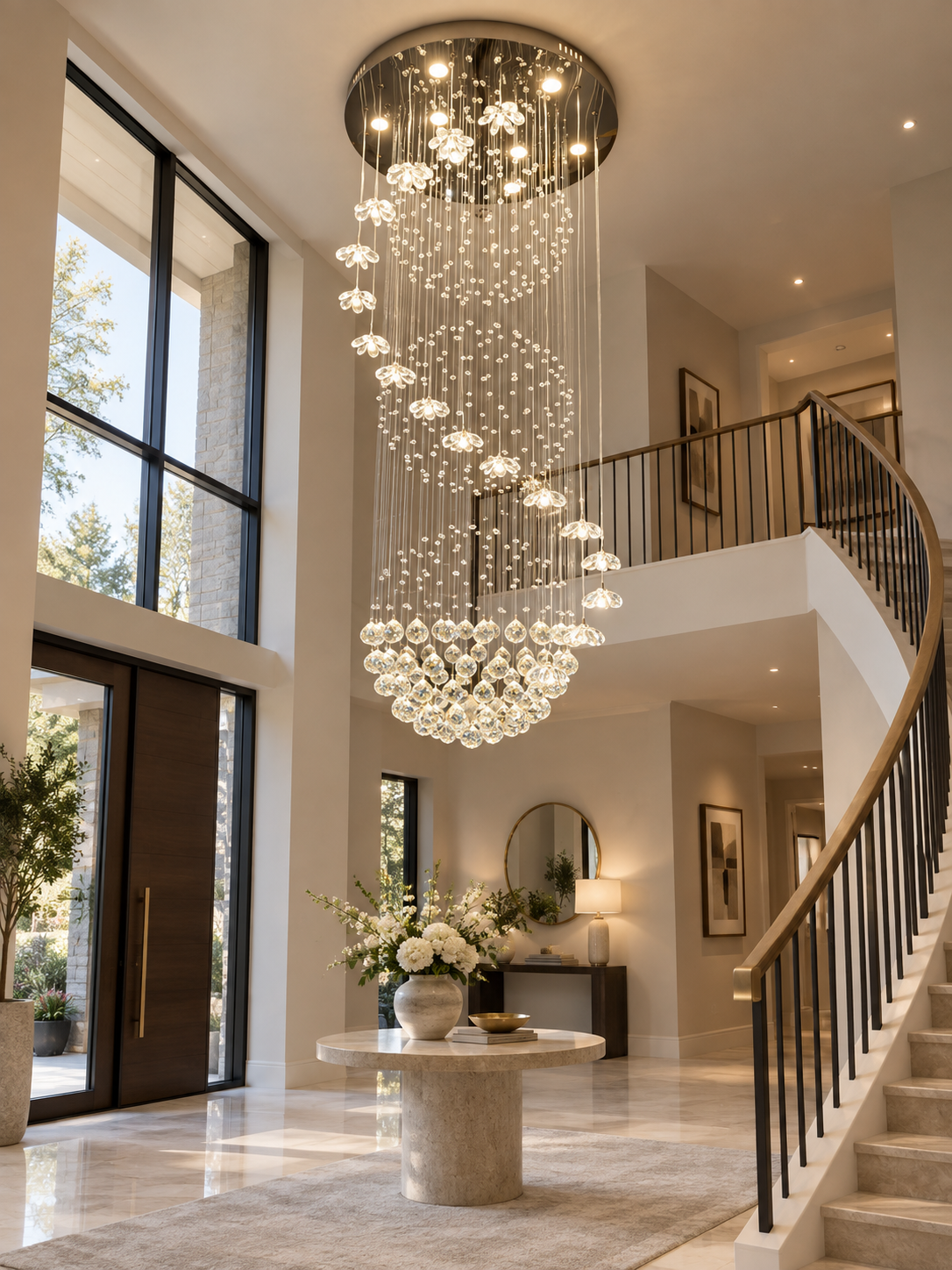 Lonas Large Foyer Crystal Chandelier in a high ceiling entryway with illuminated floral crystal pendants
