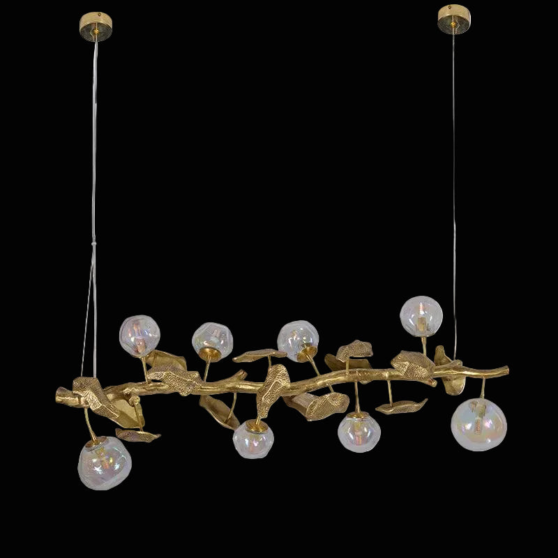Long Organic Glass Bubble Brass Leaves Branch Chandelier 59" L by Bling Lighting Studio